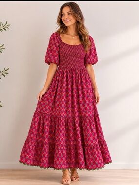 LEA Smocked Midi Dress Pink Cotton Floral Block Print Scalloped Hem Pockets XL